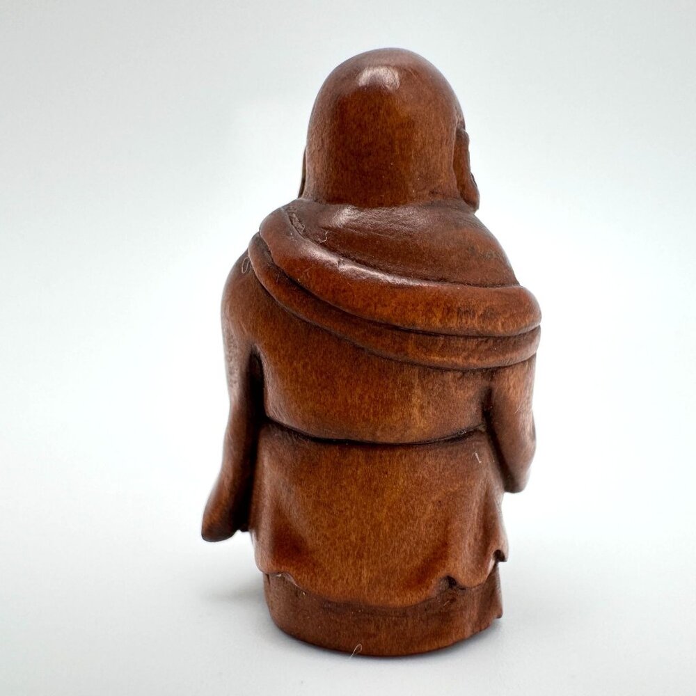 Ojime Bead Netsuke HandCarved Hotei Buddha Holding upHand Boxwood Signed No Hole - Picture 7 of 8